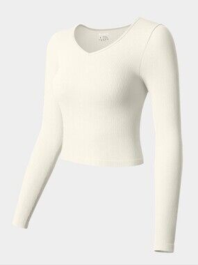 OQQ V Neck Long Sleeve Crop Top - Ivory